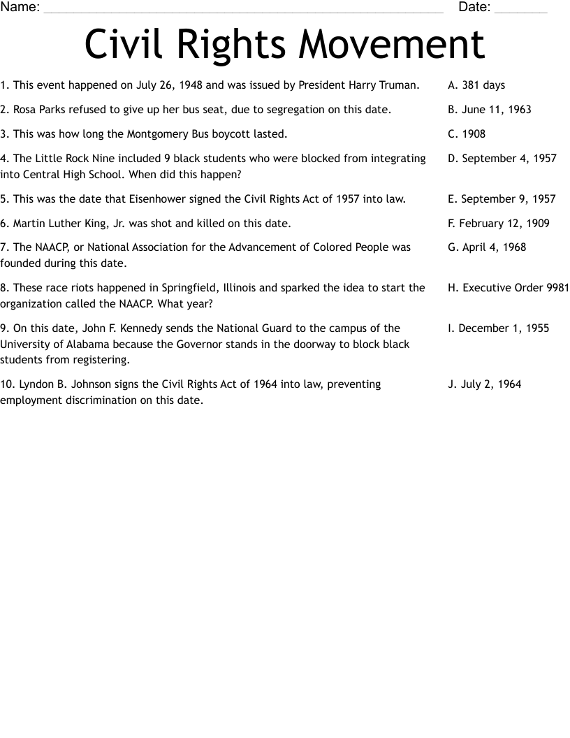 Civil Rights Movement Worksheets Printable For Kids