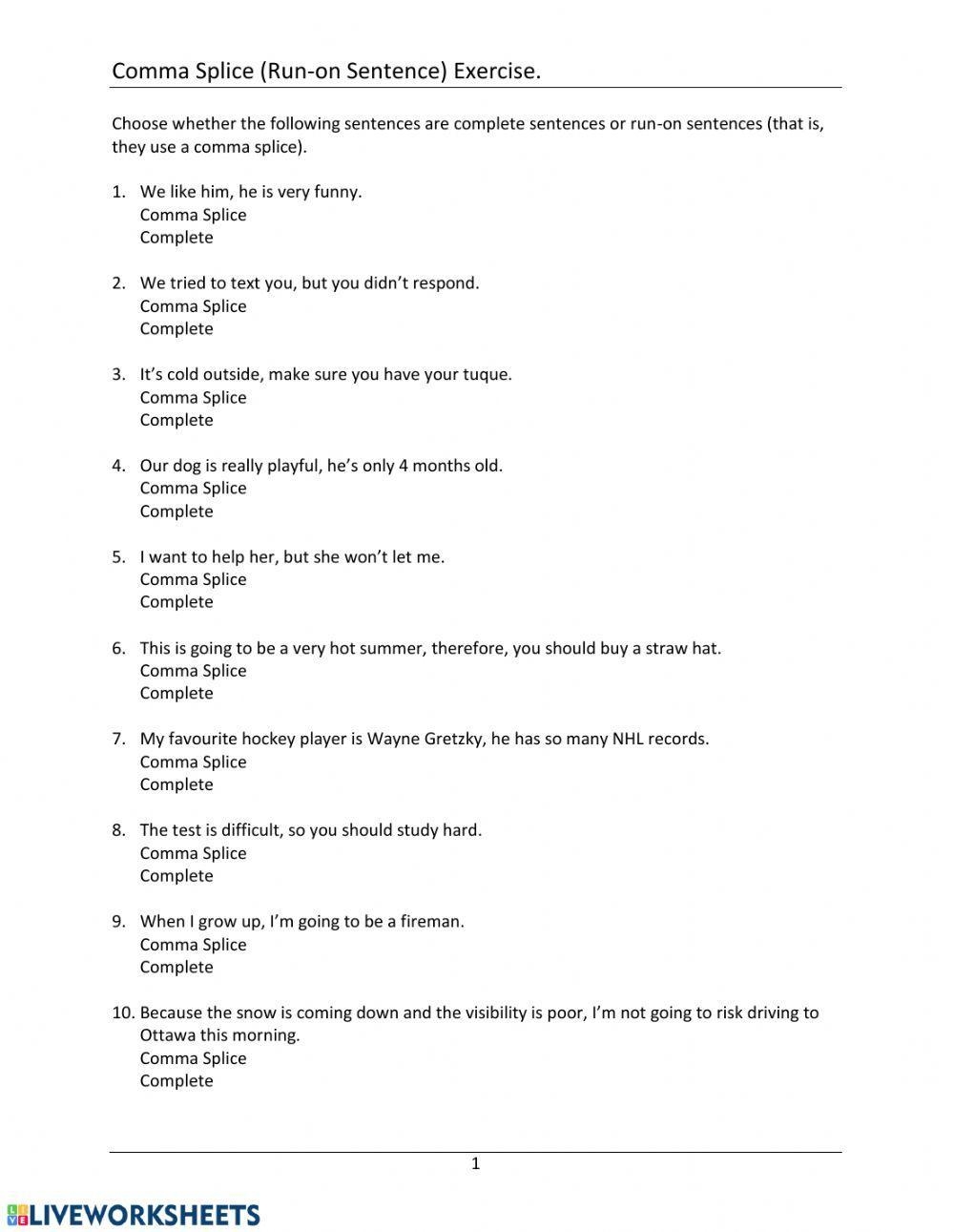 Comma Splice Printable Worksheets High School