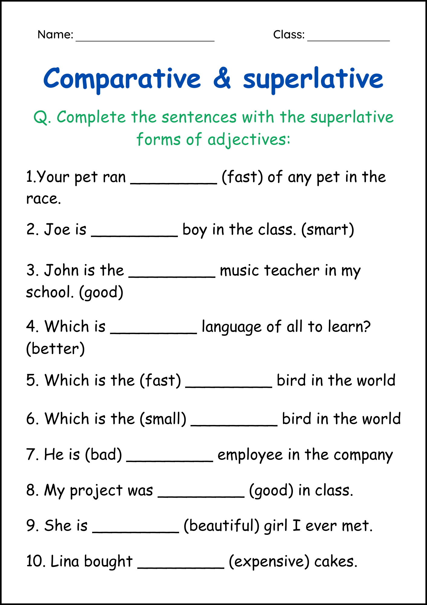 Comparative And Superlative Adjectives Grammar Worksheets For Grade 1 2 3 Made By Teachers