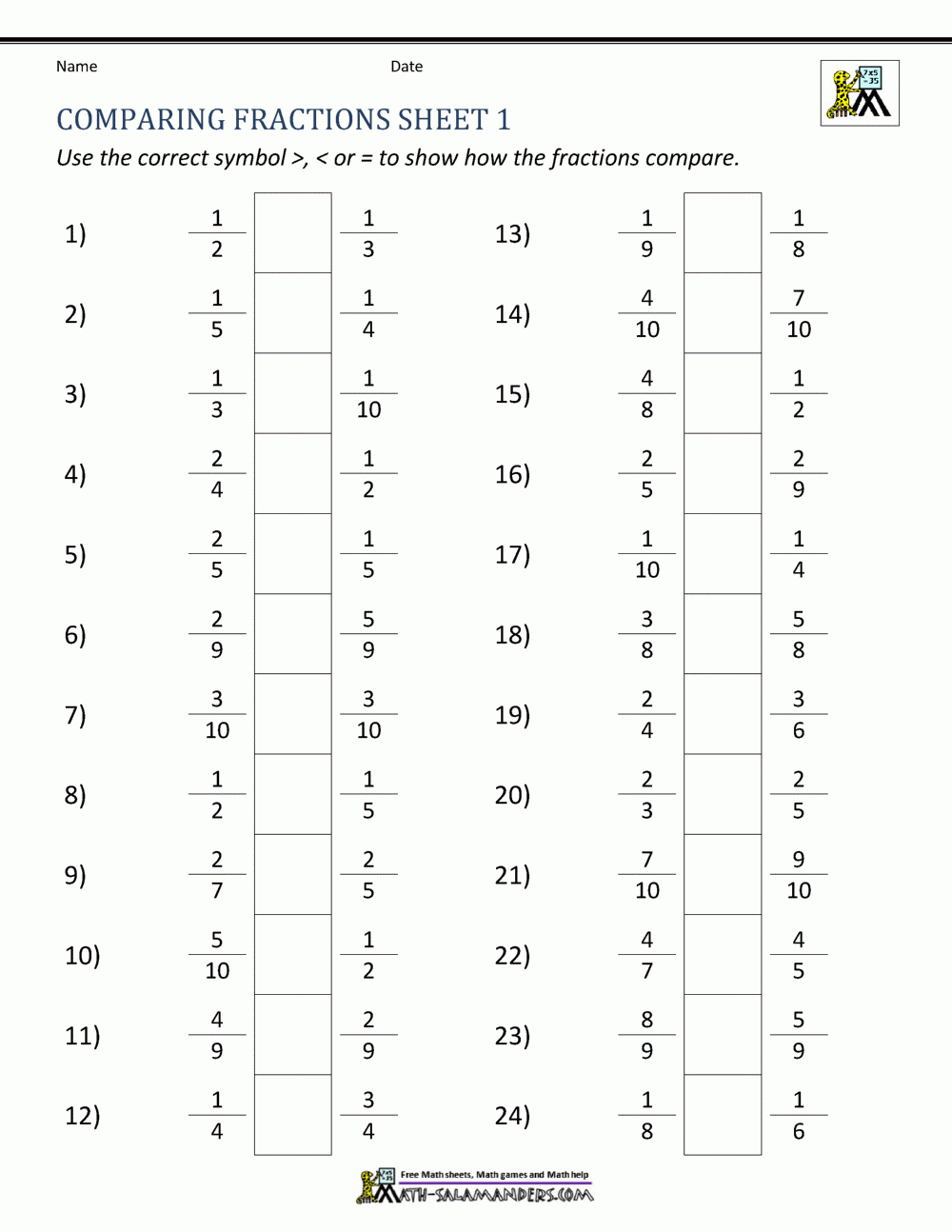 Comparing And Ordering Fractions Printable Worksheets