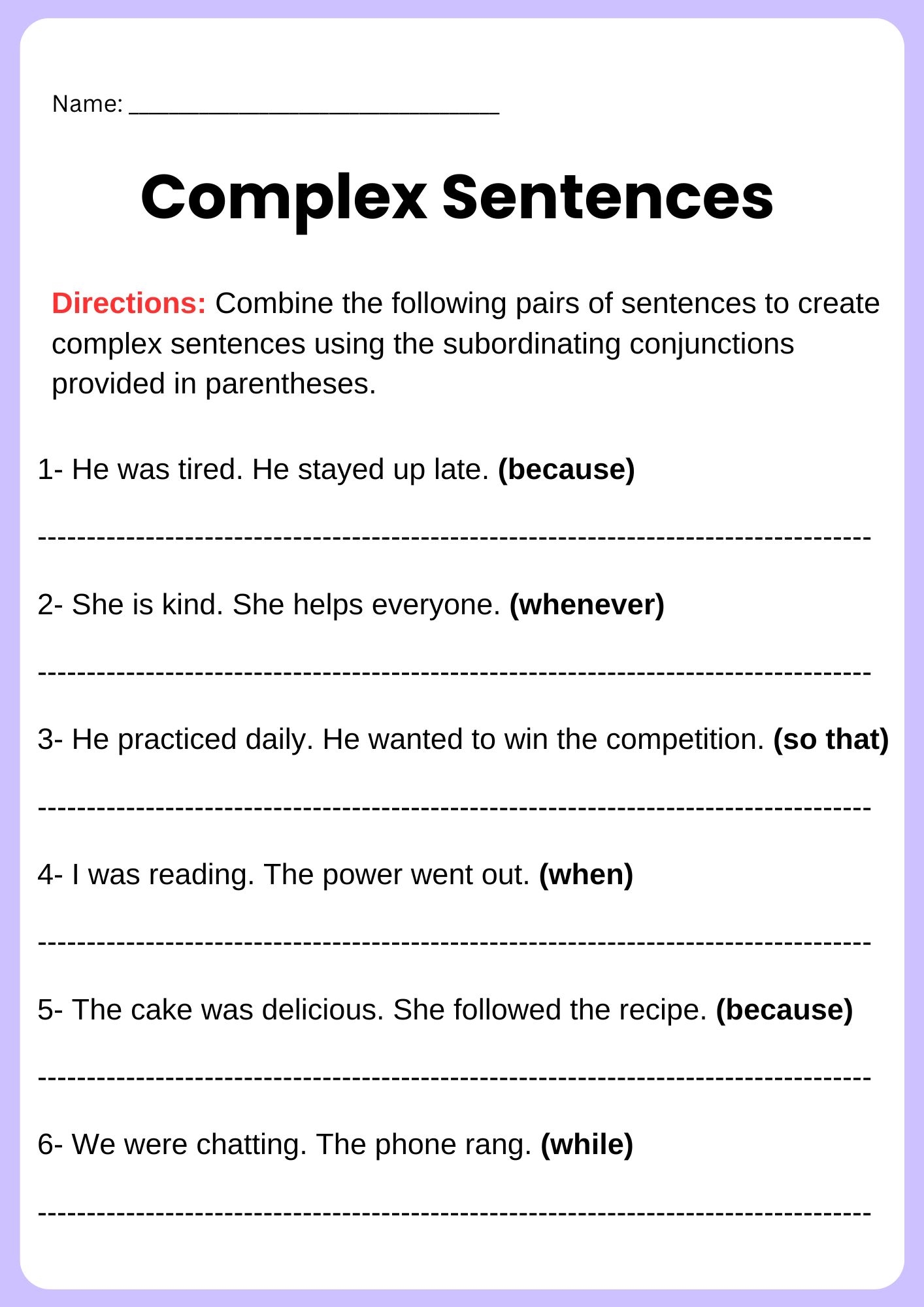 Complex Sentences Complex Sentences Printable Worksheets