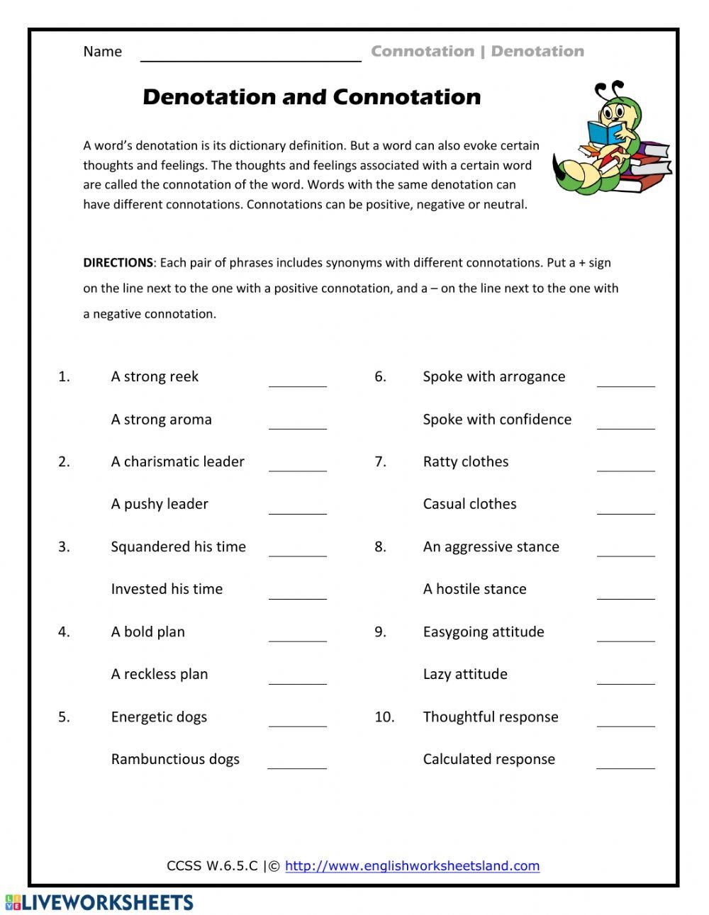 Connotation Worksheets Printable High School
