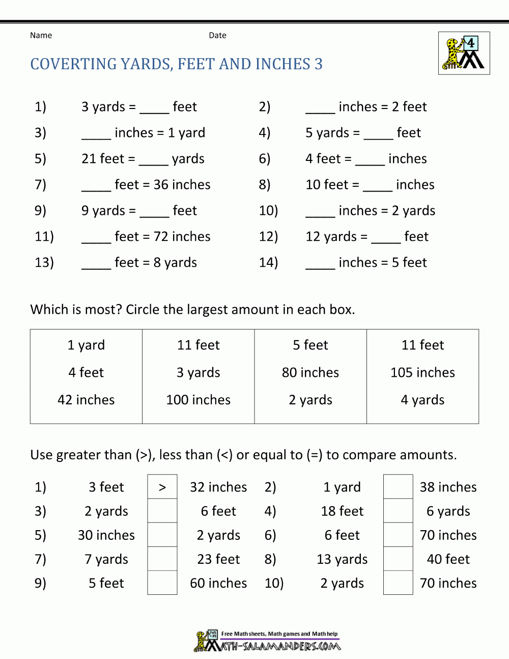 Feet And Yards Printable Worksheets