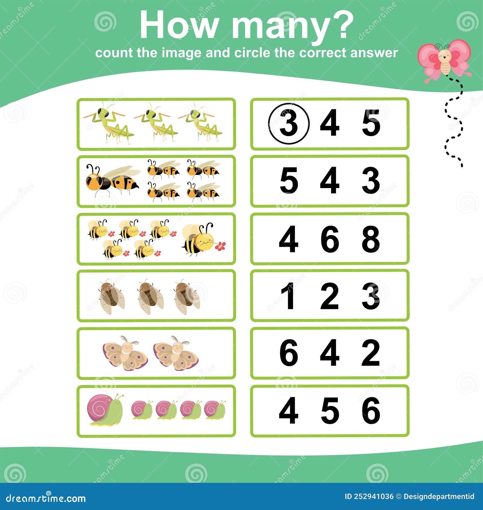 Count And Circle Answer Worksheet Stock Vector Illustration Of Kindergarten Animal 252941036