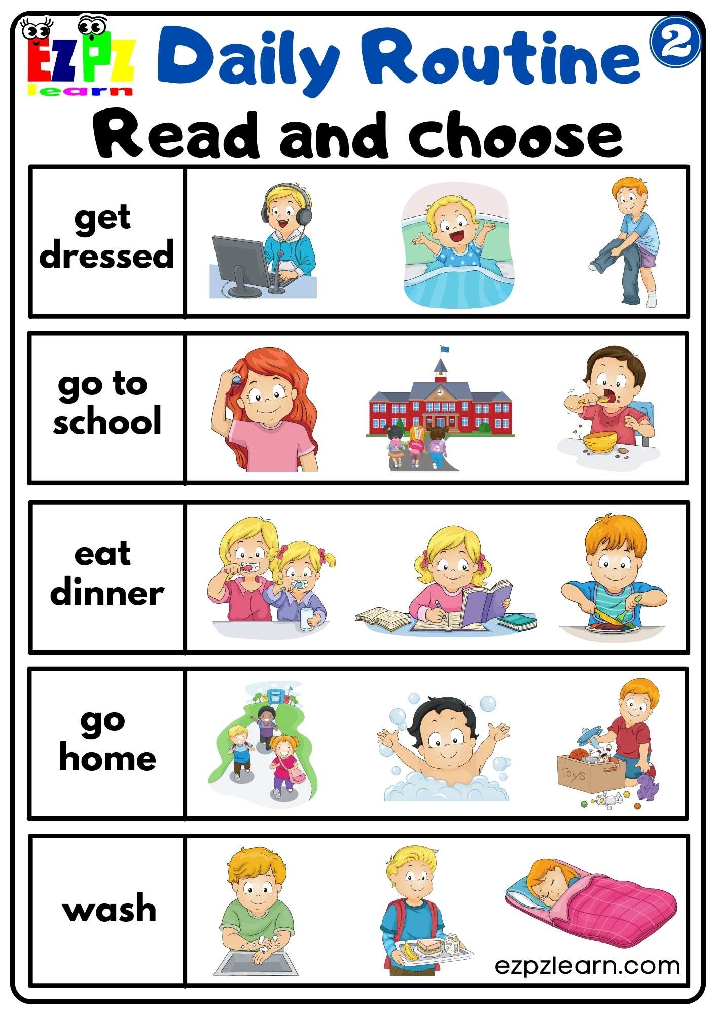 Daily Routines Group 2 Read And Choose Worksheet For Children And ESL Students Free PDF Download Ezpzlearn