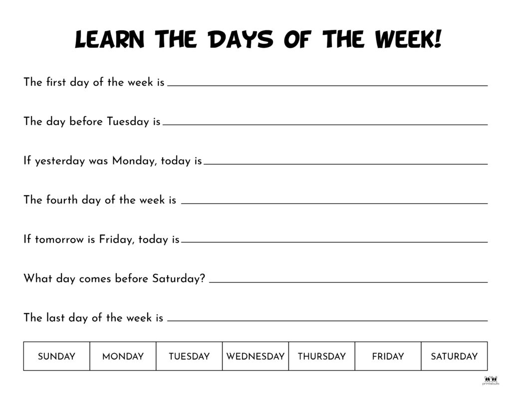 Day Of The Week Printable Worksheets Colege