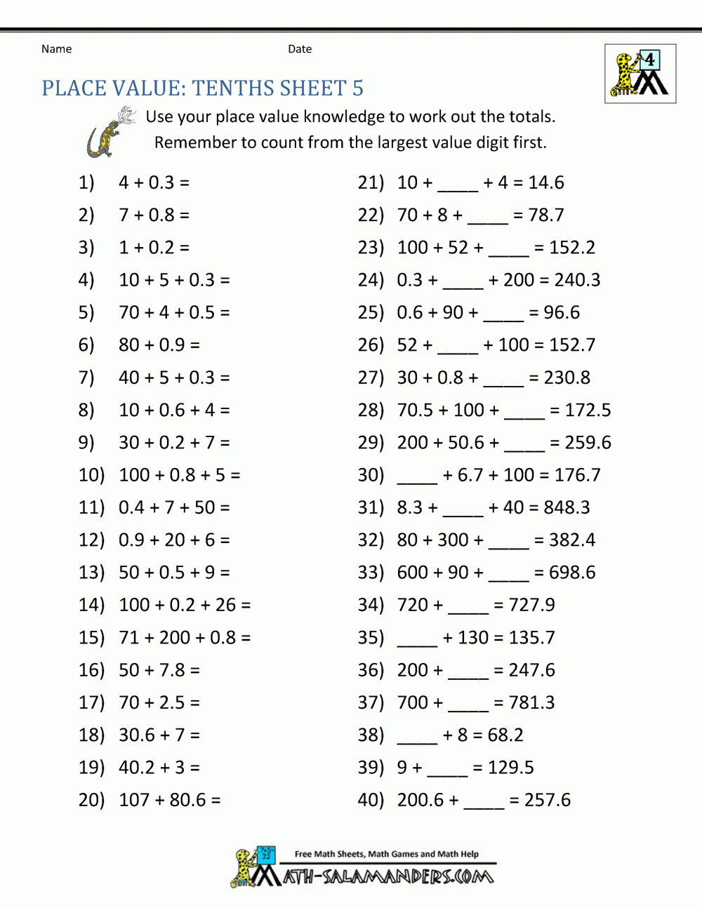 4Th Grade Decimal Place Value Printable Worksheets