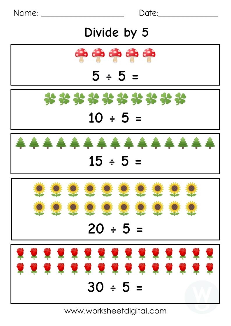 Division By 5 Printable Worksheets