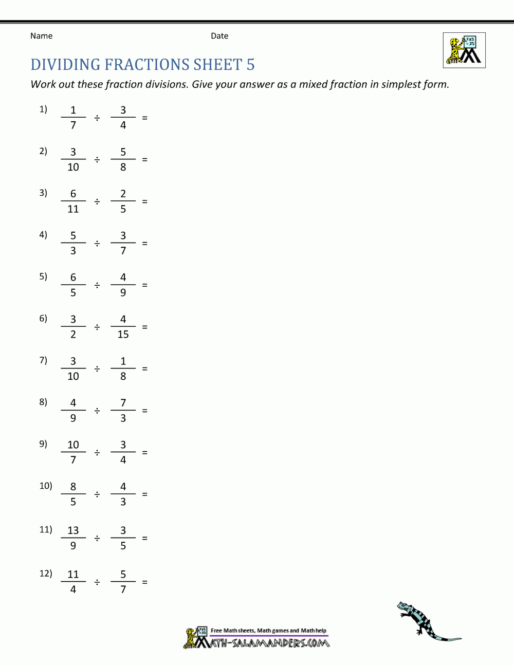 Dividing Fractions Free Printable Worksheets