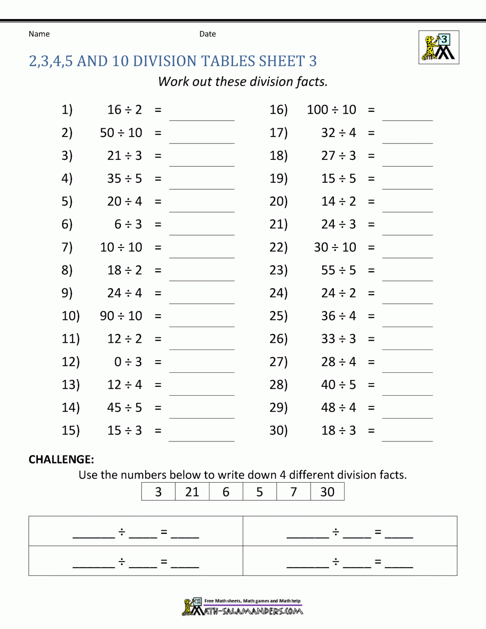 Division Times Tables Printable Worksheets