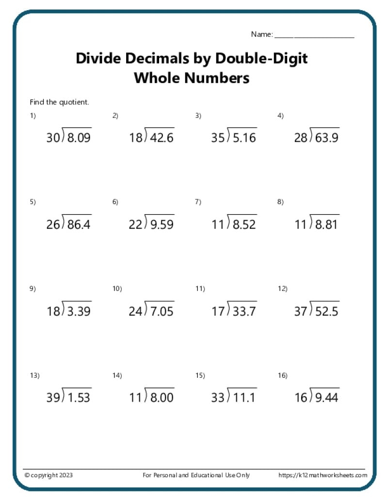 5Th Grade Division Worksheets Printable