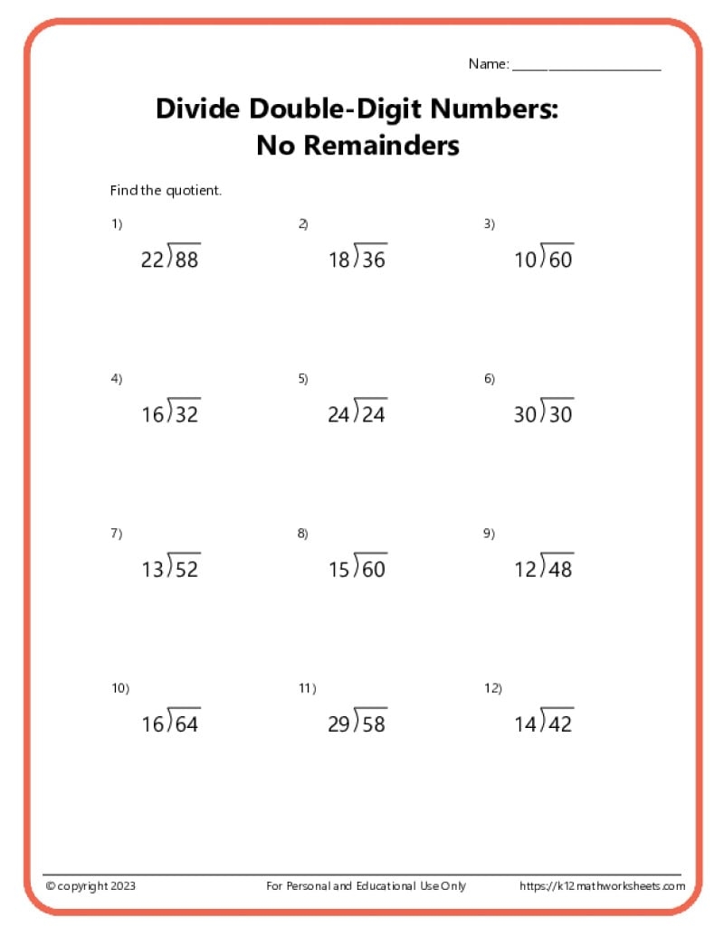 5Th Grade Math Worksheets Division Printable
