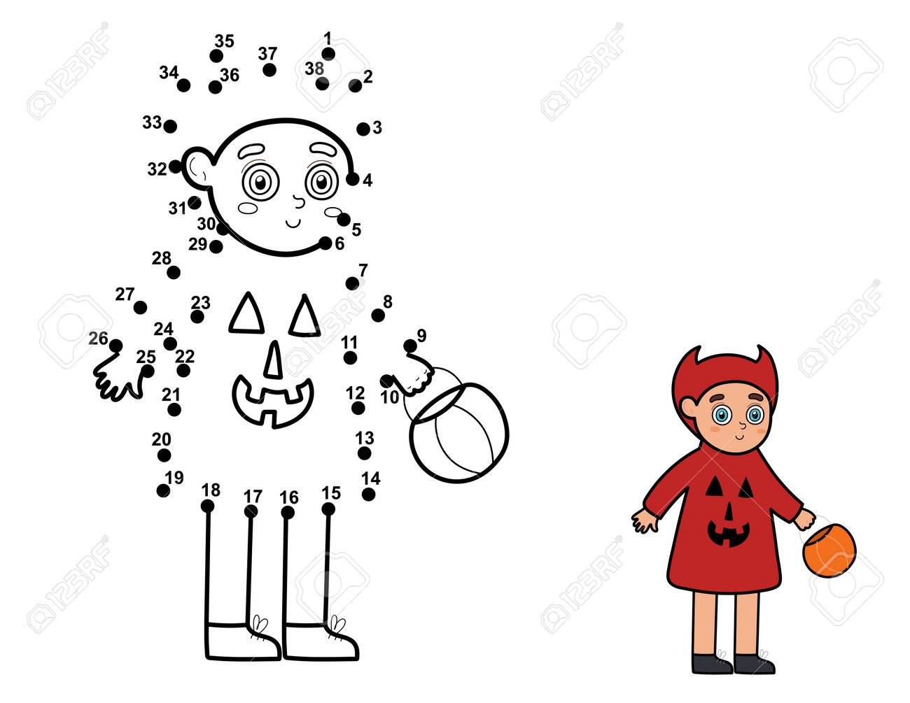 Dot To Dot Game For Kids Connect The Dots And Draw A Cute Kid In Devil Costume Halloween Puzzle Royalty Free SVG Cliparts Vectors And Stock Illustration Image 199813946 