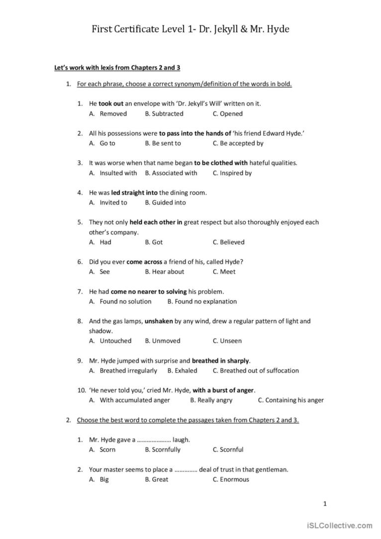 Dr Jekyll And Mr Hyde Printable Worksheets