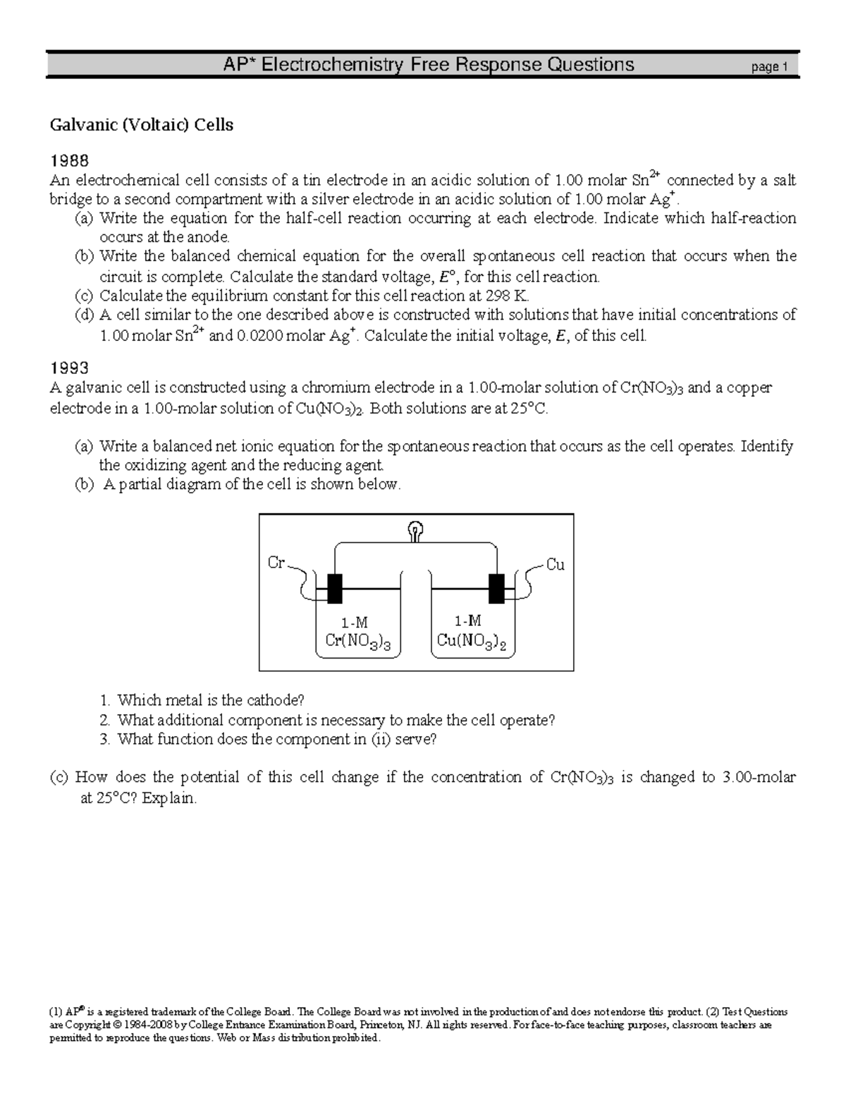 Electrochemistry FR Worksheet 1 AP Is A Registered Trademark Of The College Board The College Studocu