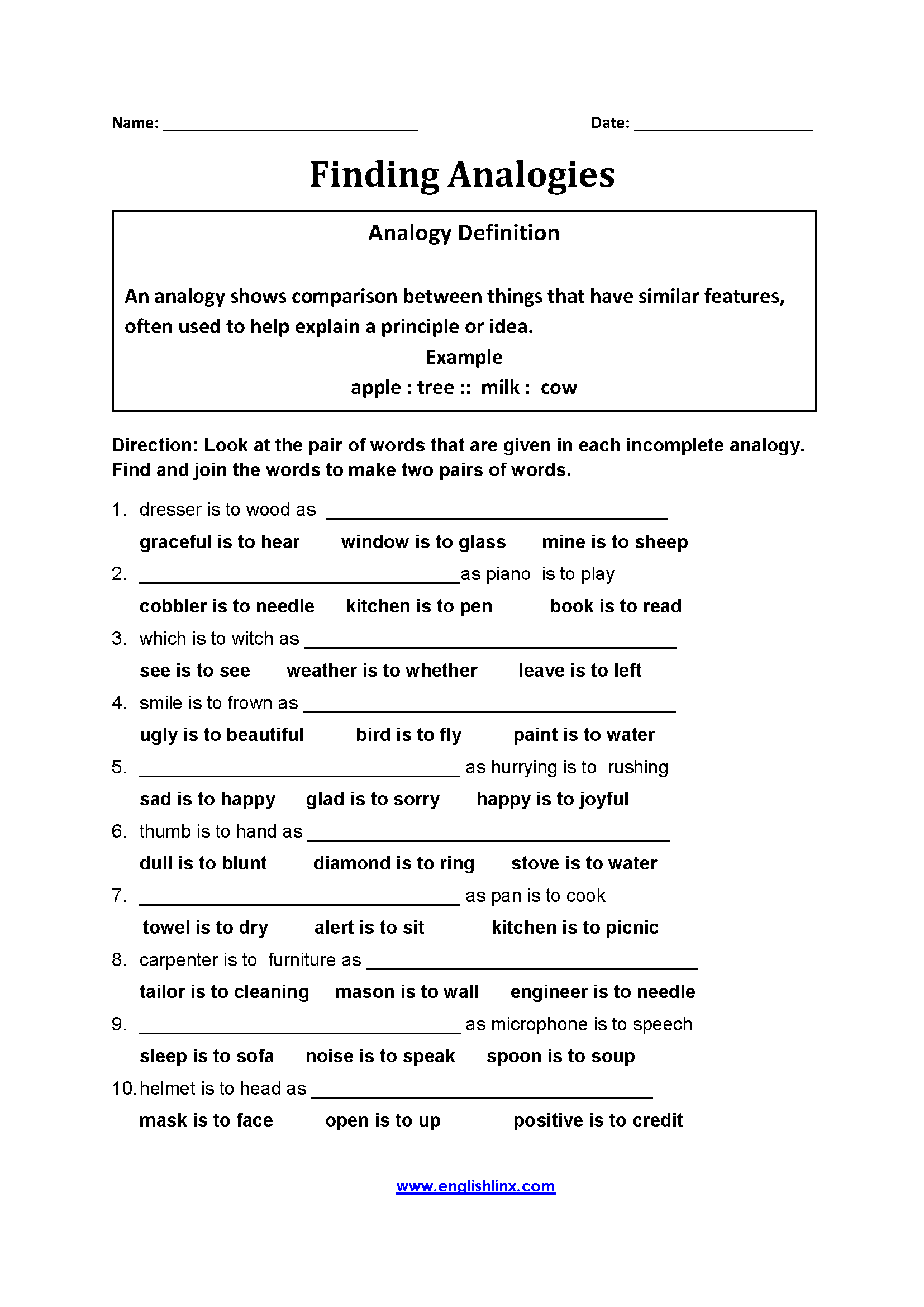 Analogy Worksheets Middle School Printable