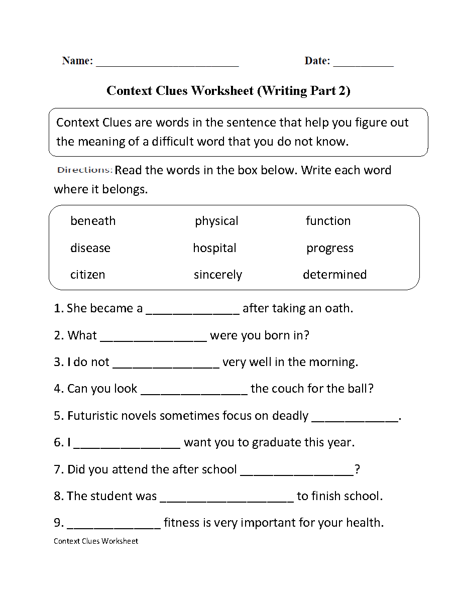 Context Clues Printable Worksheets High School