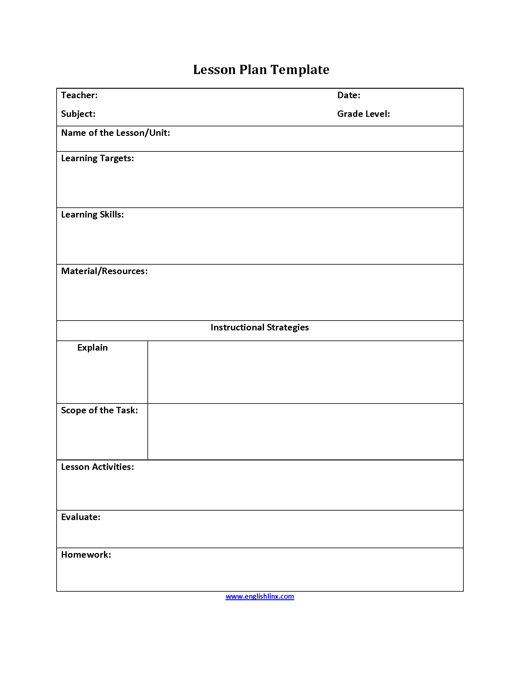 Englishlinx Lesson Plan Template Worksheets