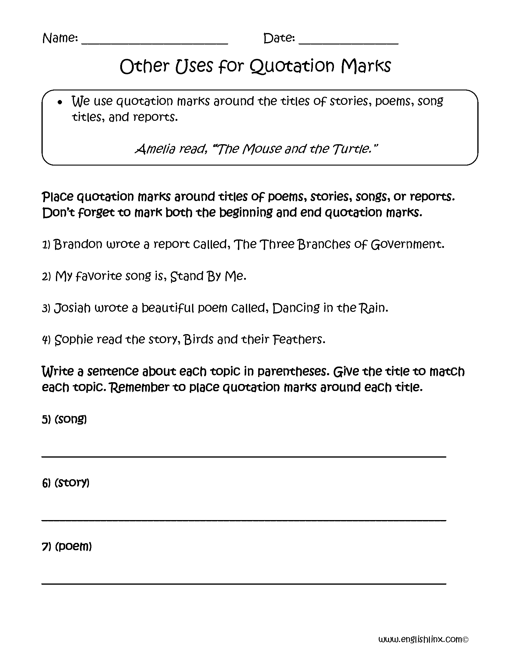 Direct Quotations For 3Rd Graders Printable Worksheets