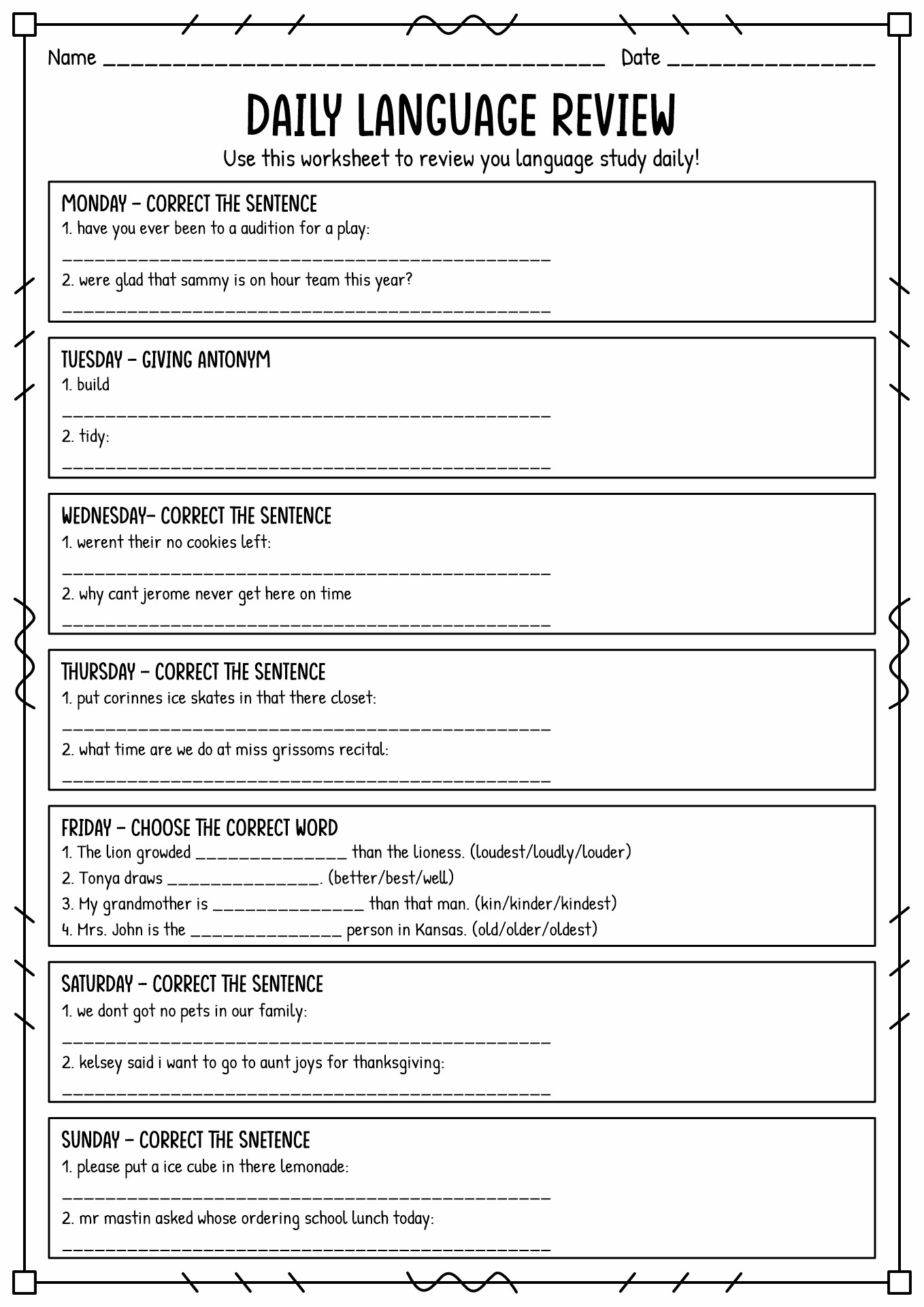 Daily Language Review 5Th Grade Printable Worksheets
