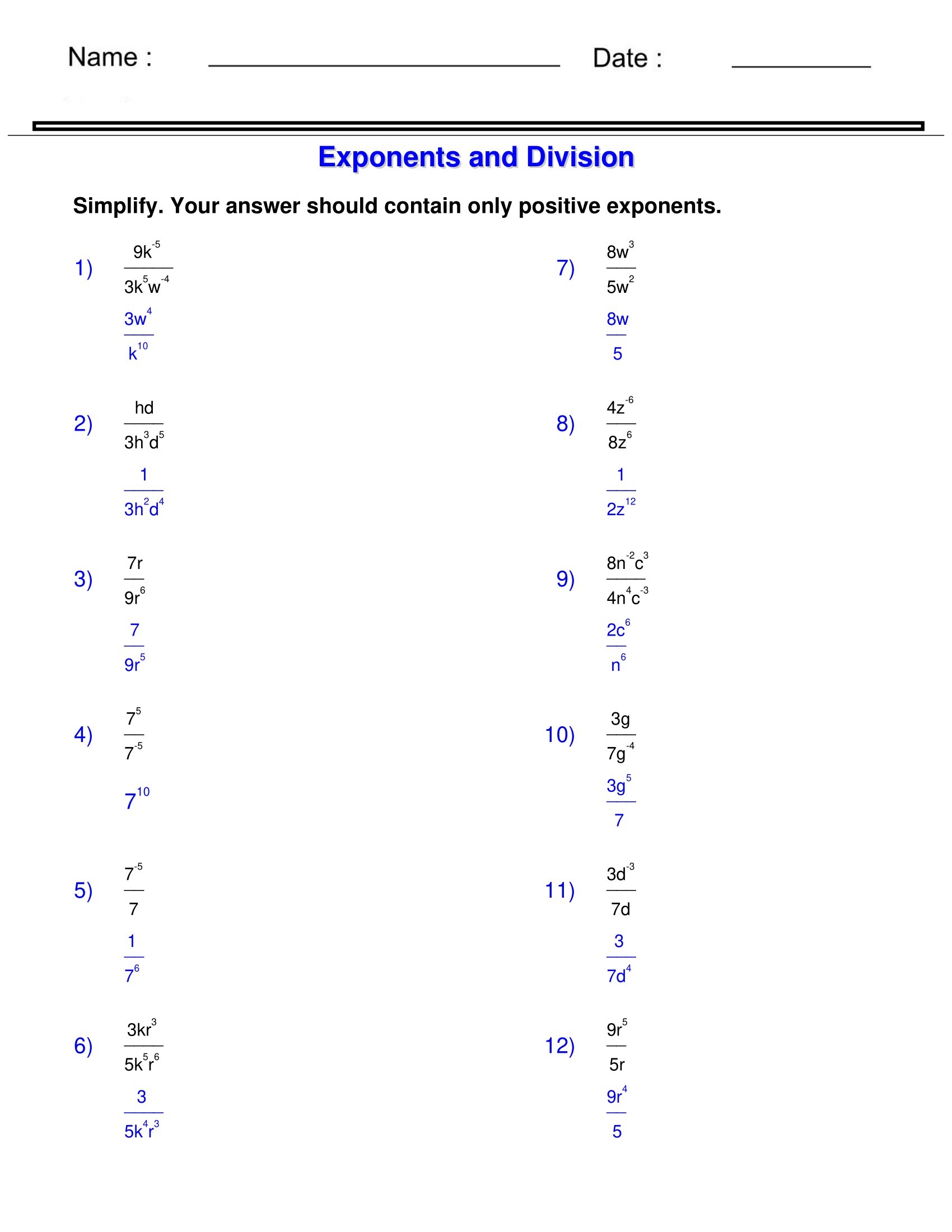 Exponents And Division Printable Worksheets
