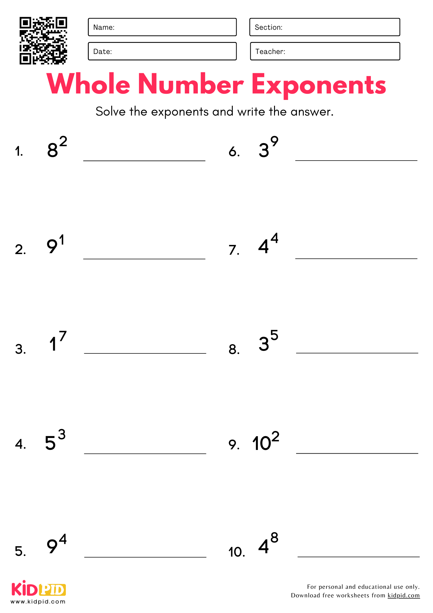 Exponents With Whole Number Bases Worksheet For Grade 6 Kidpid