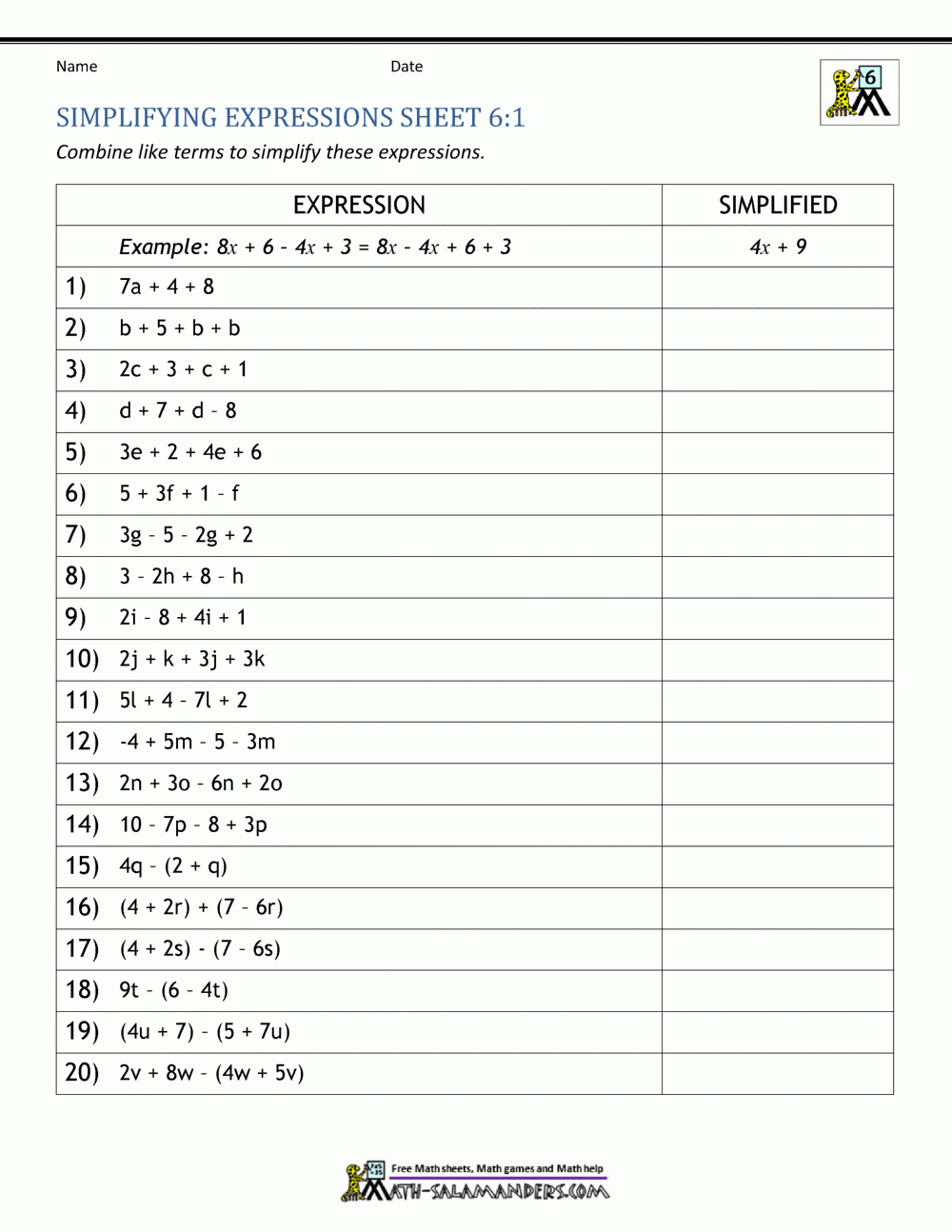 6Th Grade Math Printable Algebra Worksheets