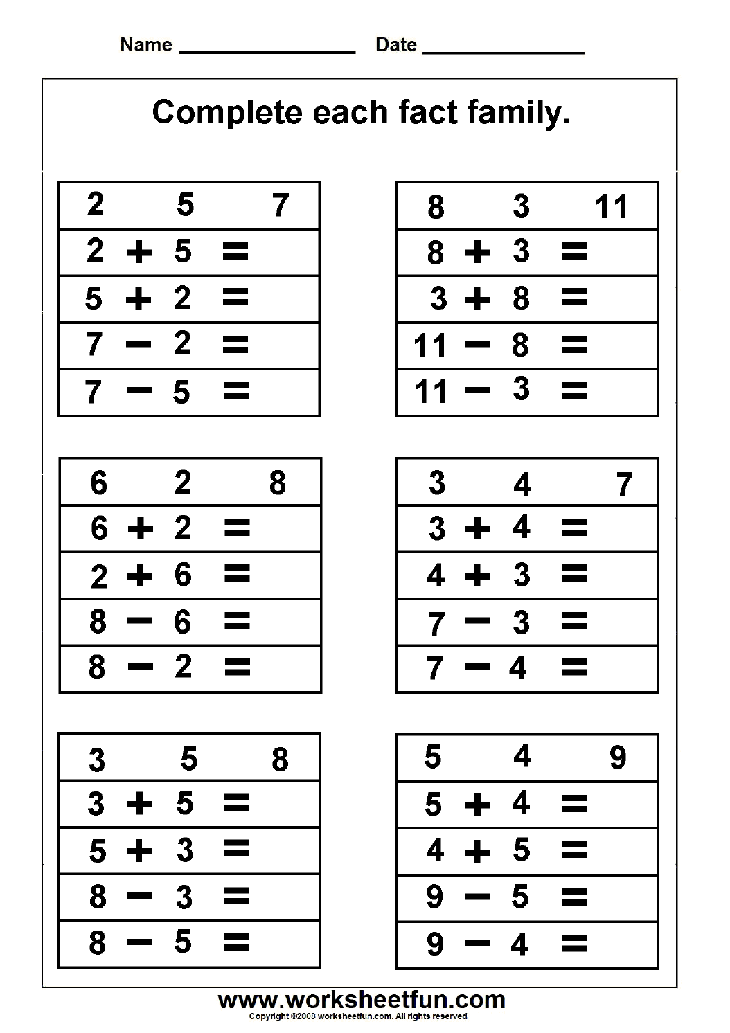 Fact Families Free Printable Worksheets