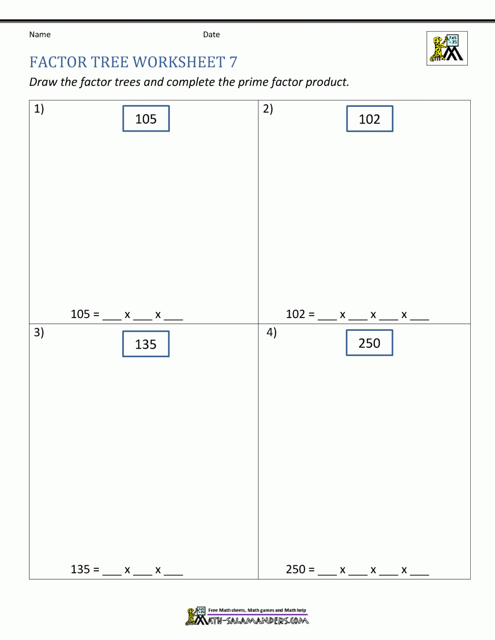 Factor Tree Free Printable Worksheets