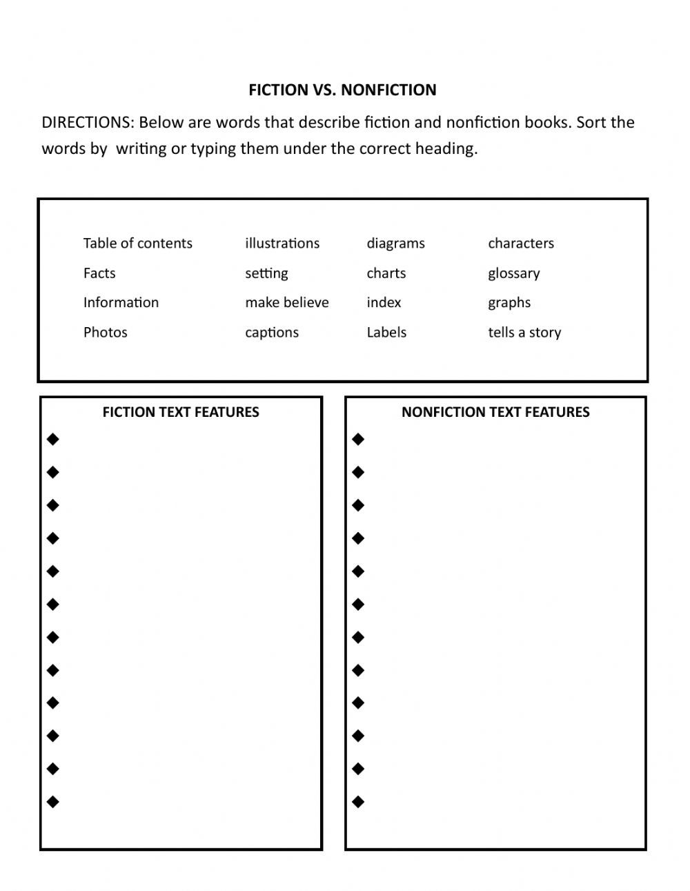 Fiction Vs. Nonfiction Printable Worksheets