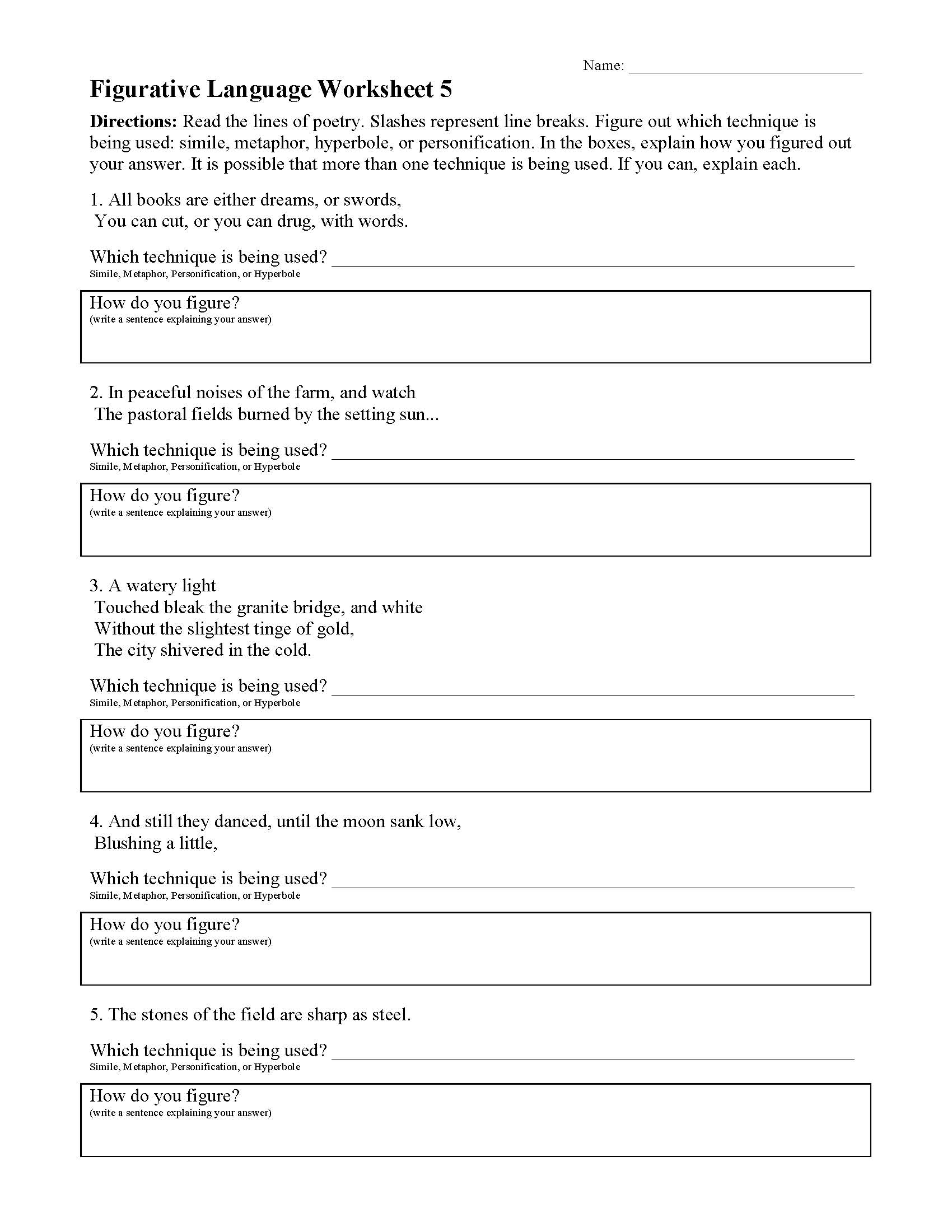 Figurative Language 5Th Grade Worksheets Printable