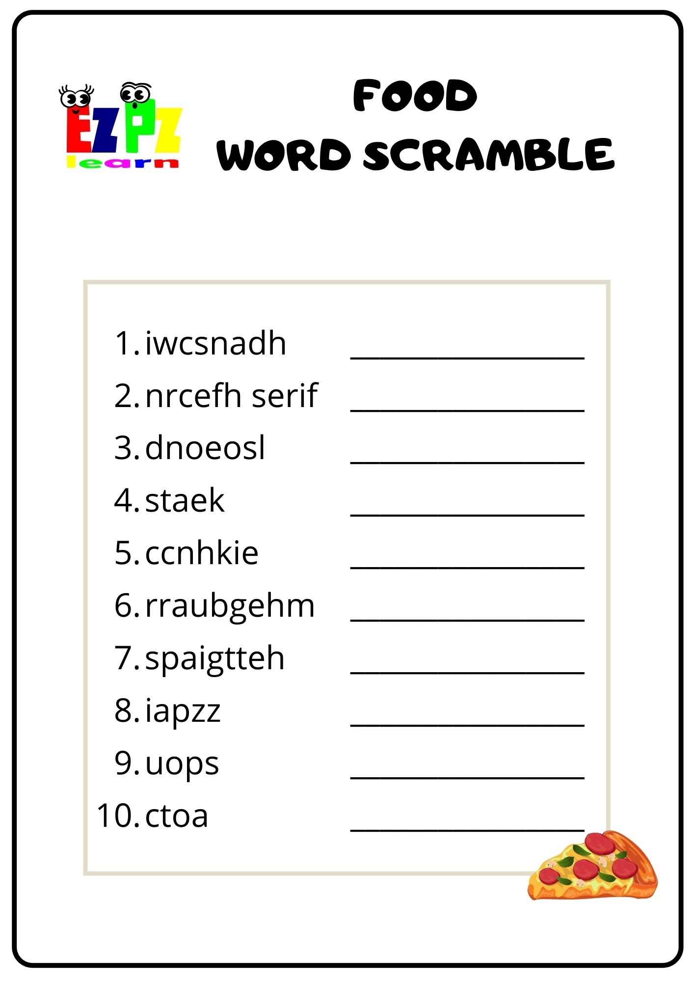 Food Word Scramble Ezpzlearn
