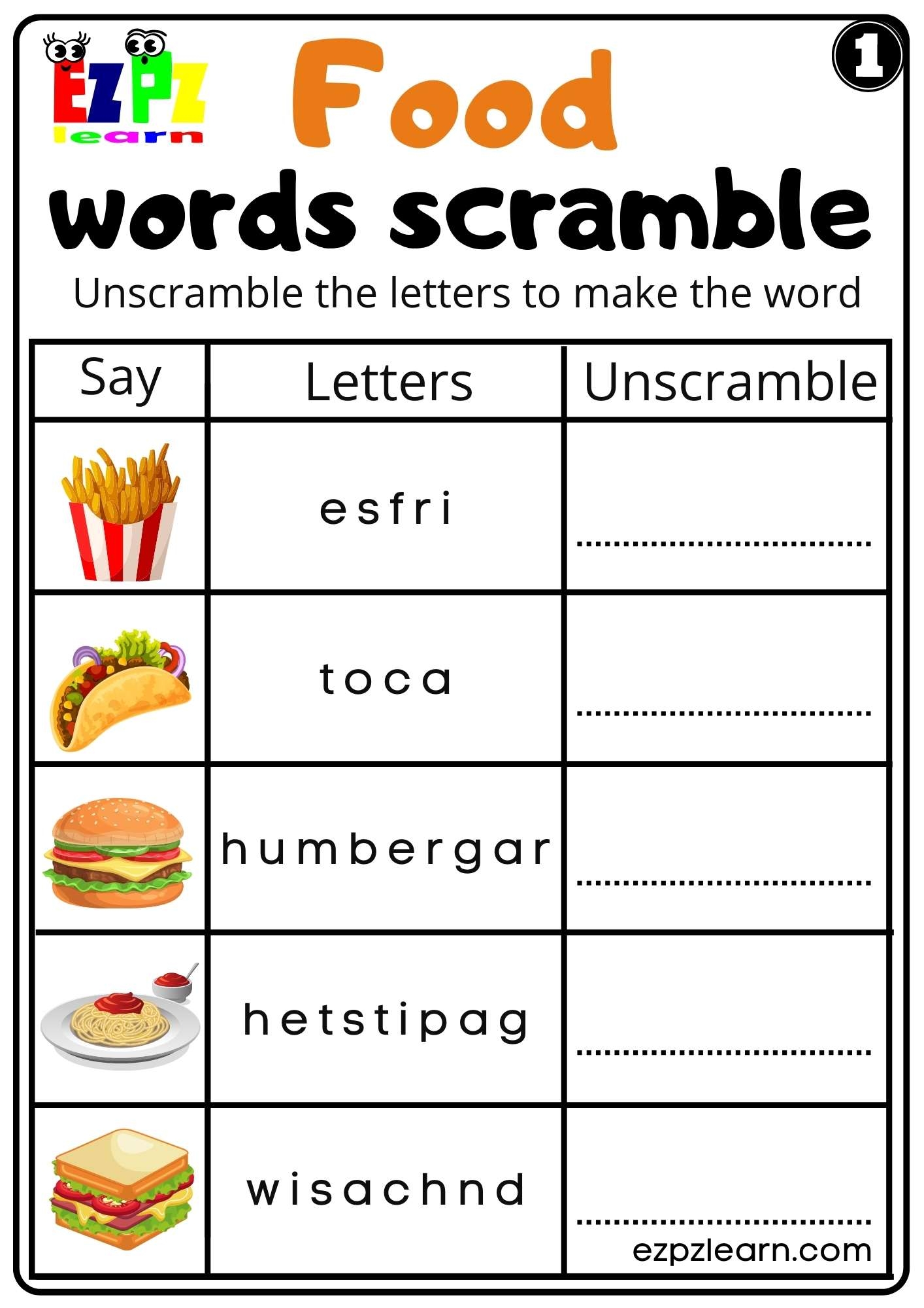 Food Word Scramble Printable Worksheets