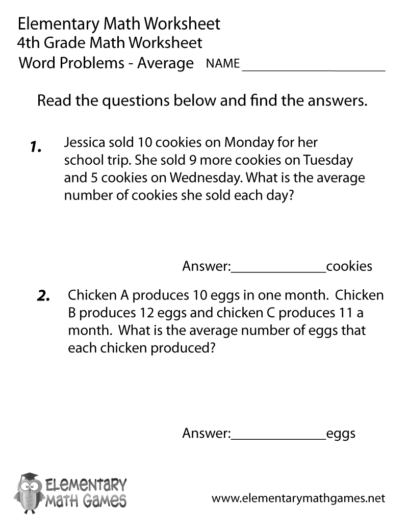 4Th Grade Math Printable Worksheets Word Problems