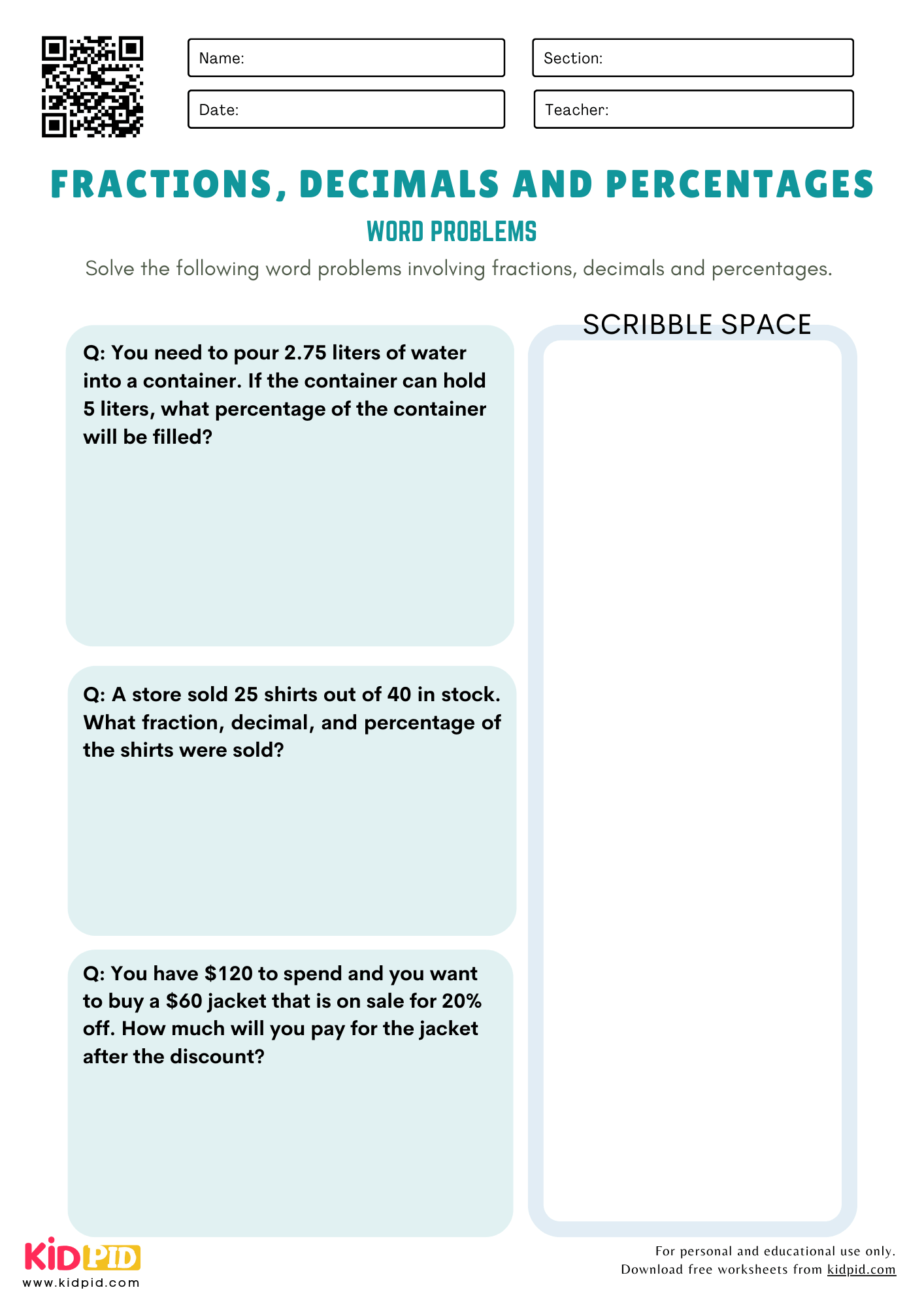 Decimals And Percentages Word Problems Printable Worksheets