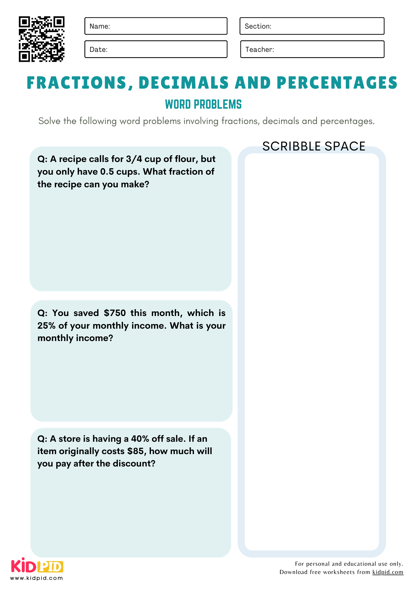 Decimals And Percentages Word Problem Printable Worksheets