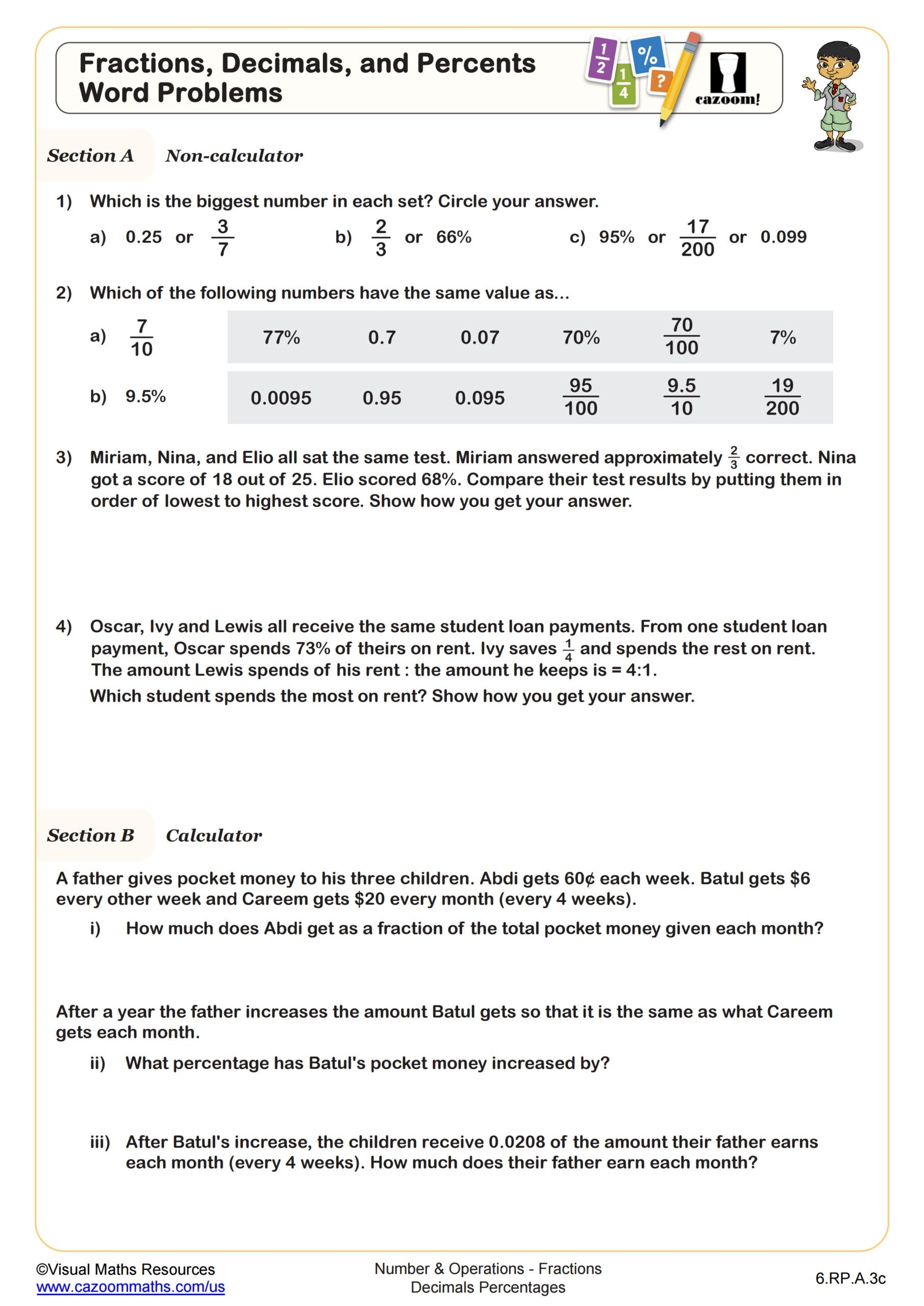 Fractions Decimals And Percents Word Problems Worksheet PDF Printable Number Operations Worksheet