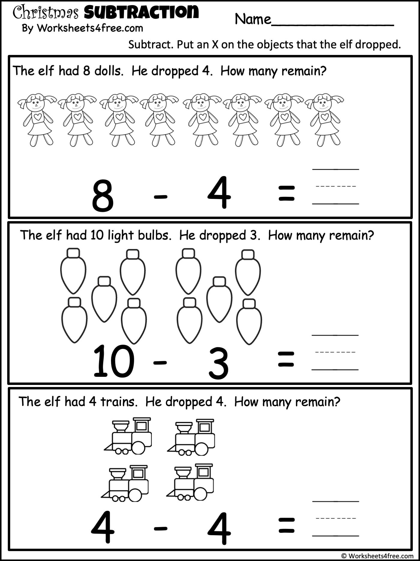 Christmas Subtraction Worksheets Free Printable