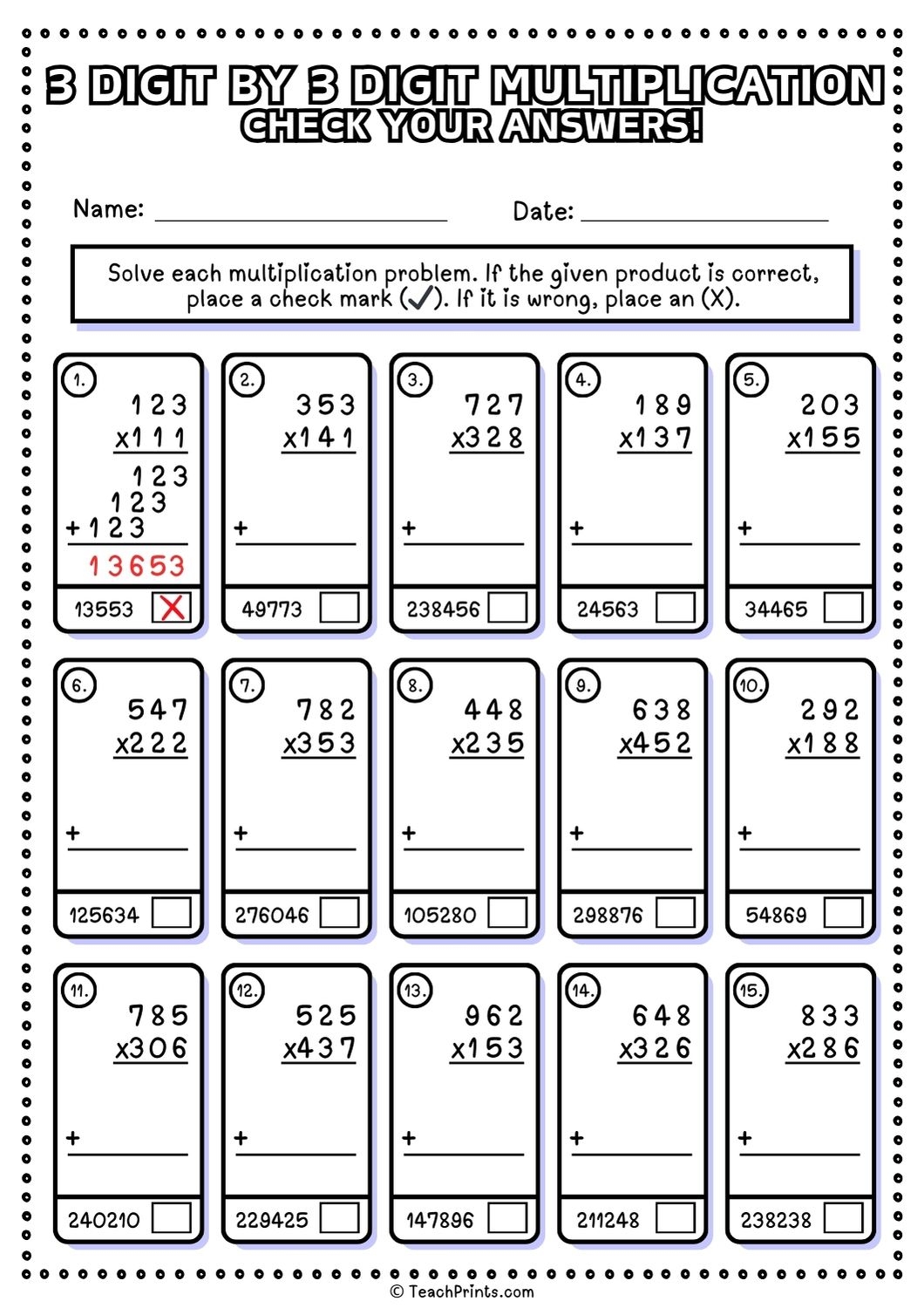 3 Digit Multiplication Printable Worksheets