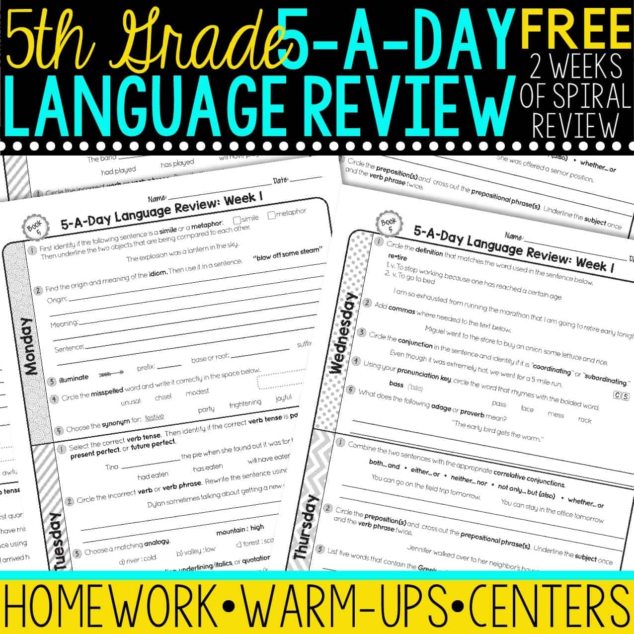 FREE 5th Grade Daily Language Spiral Review Teacher Thrive