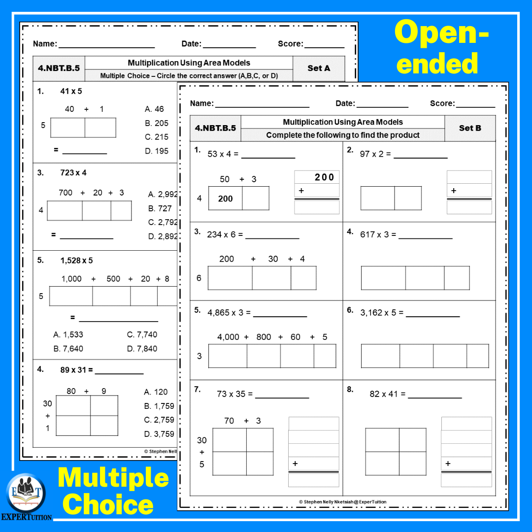 Free Area Model Multi Digit Multiplication Worksheets Made By Teachers