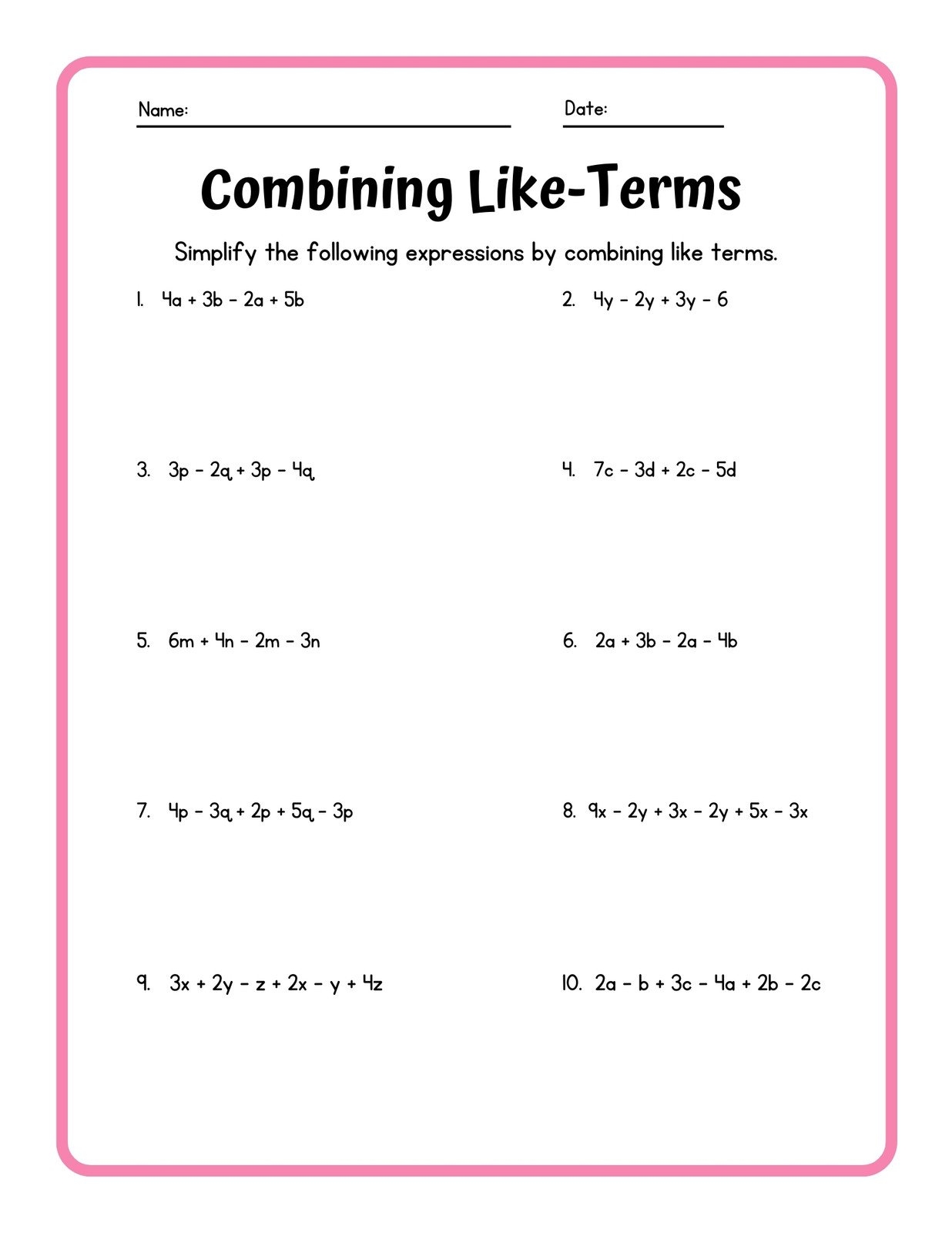 Free Custom Combining Like Terms Worksheet Templates Canva
