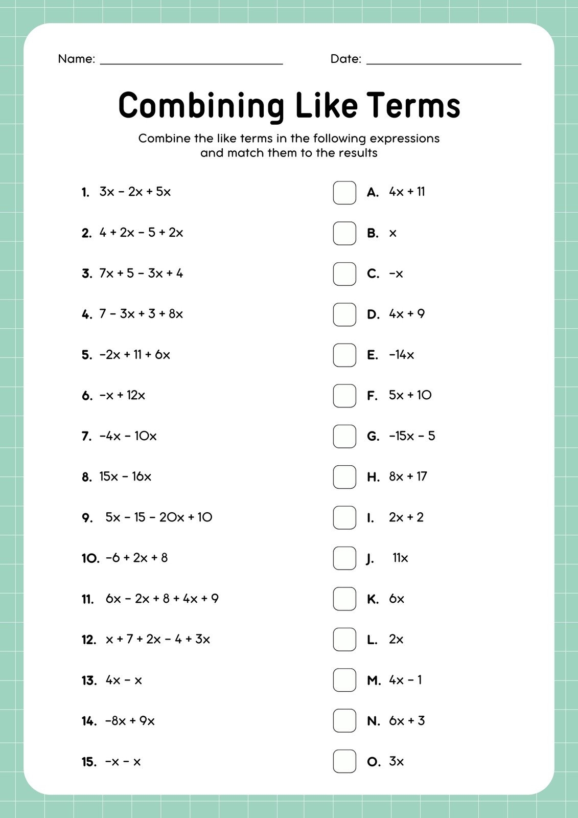 Easy Combining Like Terms Printable Worksheets