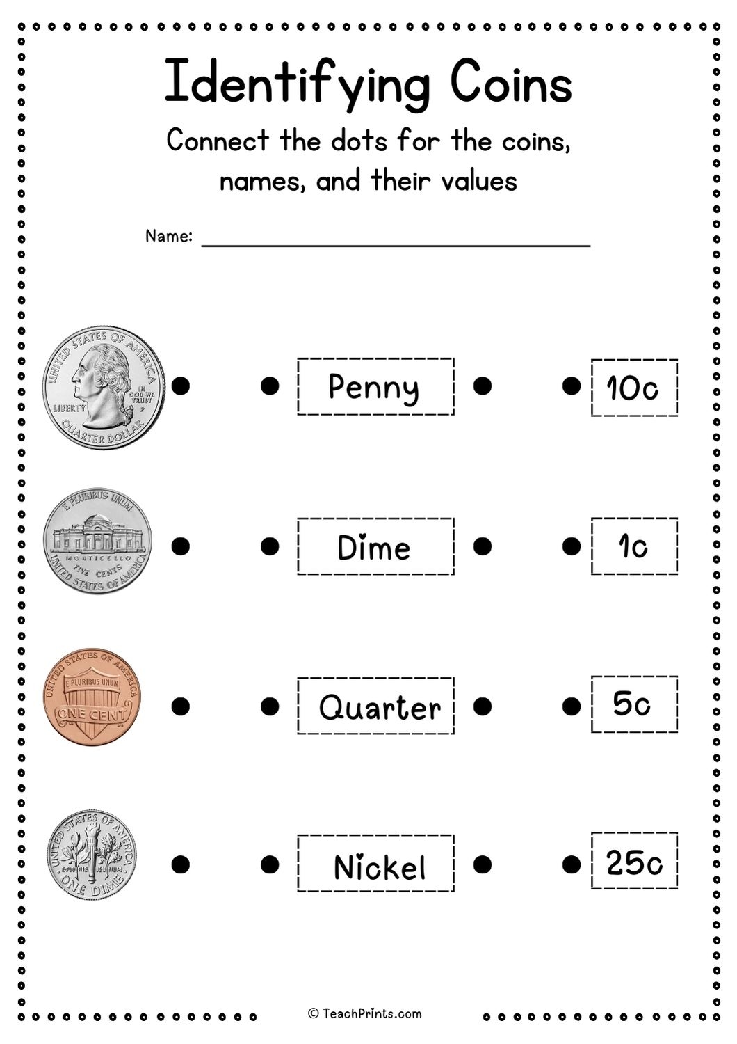 Coin Identification Free Printable Worksheets