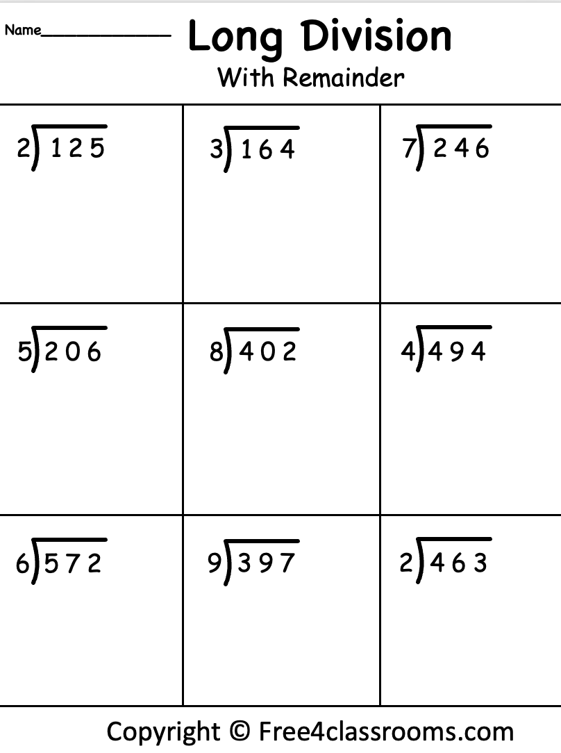 Free Long Division Worksheet 3 Digits By 1 With Remainder Free Worksheets Free4Classrooms