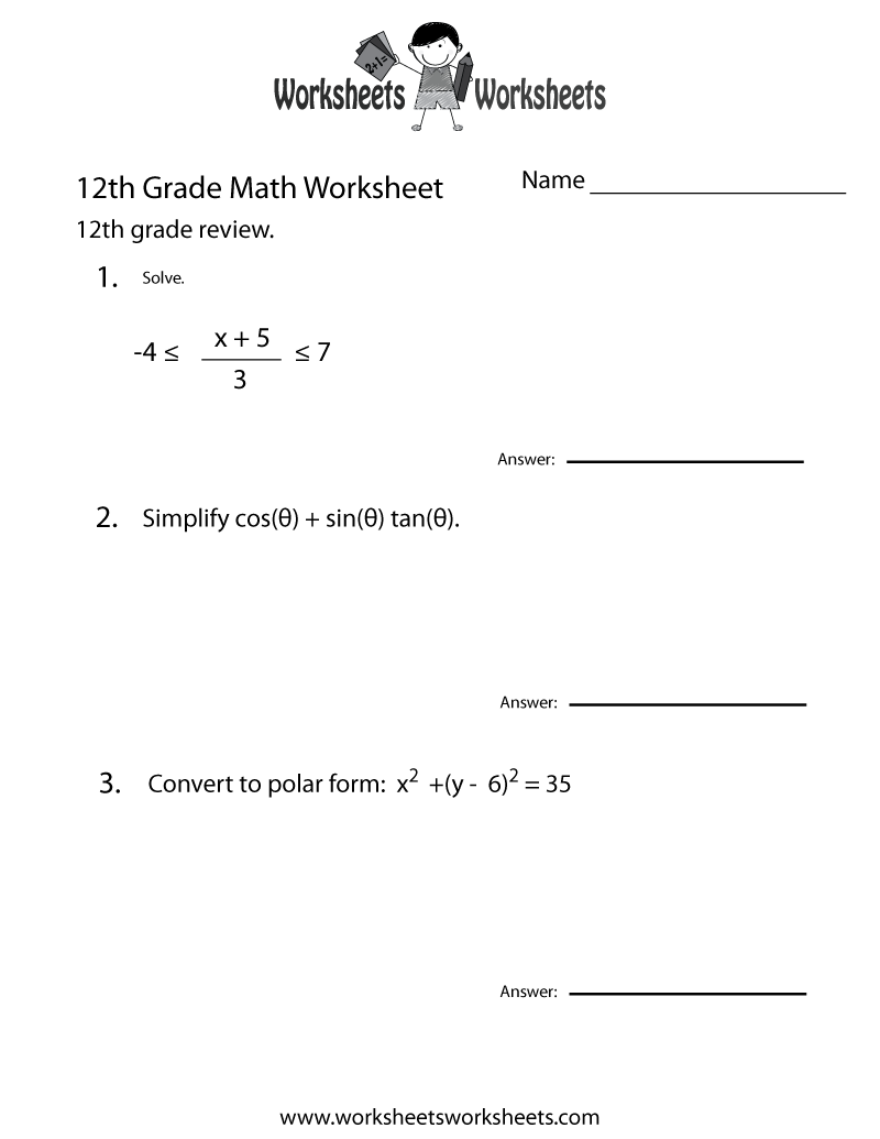 12Th Grade Math Printable Worksheets