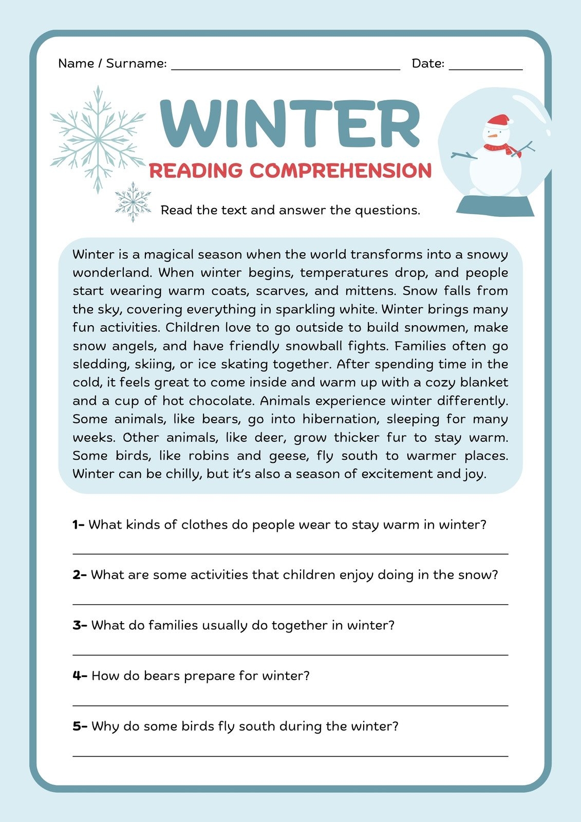 3Rd Grade Reading Comprehension Printable Worksheets