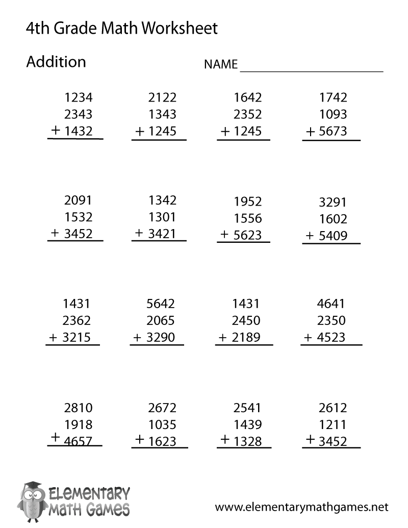 Addition Worksheets 4Th Grade Printable
