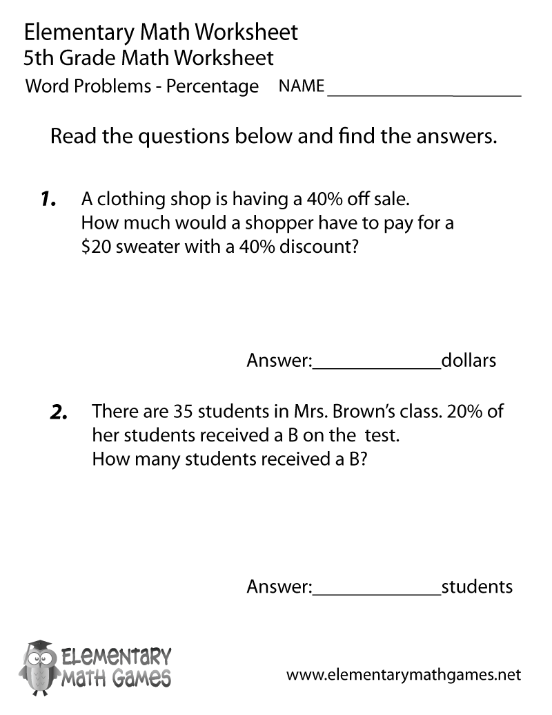 5Th Grade Math Word Problems Worksheets Printable