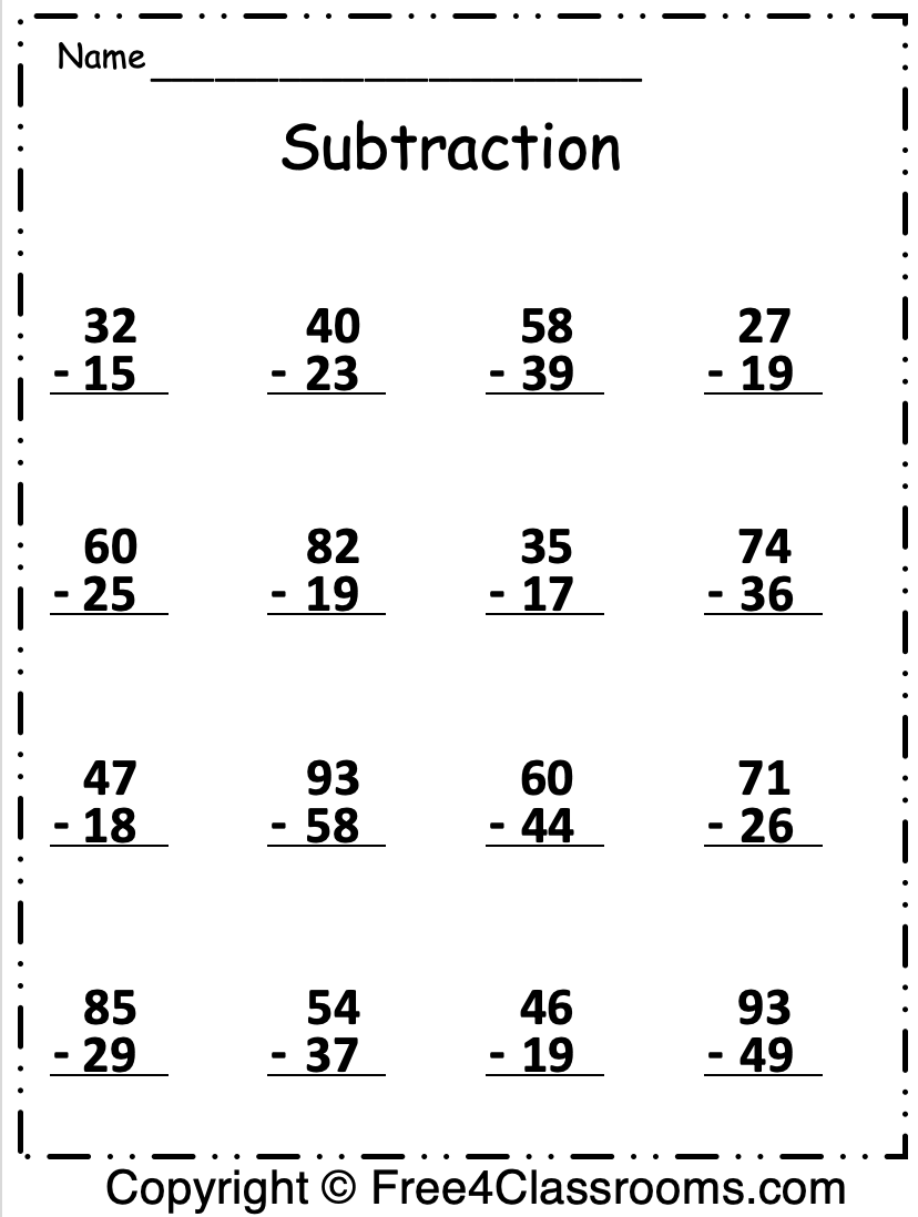 2 Digit Subtraction With Regrouping Printable Worksheets